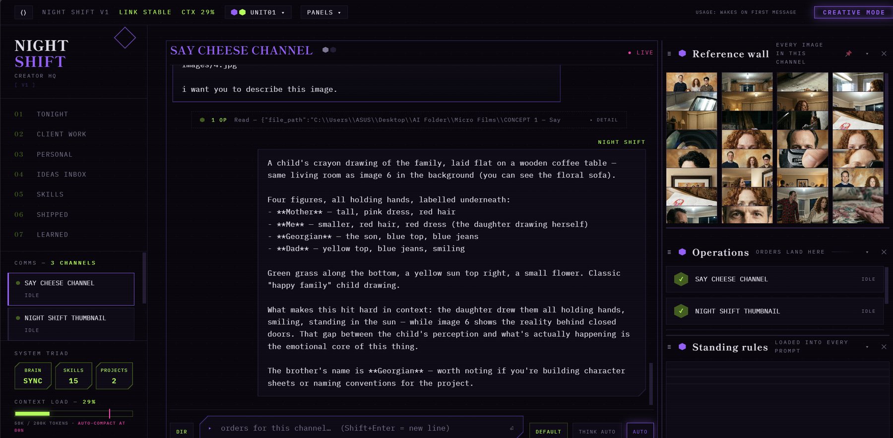 Night Shift — AI creative hub dashboard: live channels, reference wall, operations and standing rules